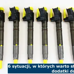Sześć wtryskiwaczy common rail z żółtymi osłonkami. Dowiedz się, jaki dodatek do diesla common rail warto stosować w 6 sytuacjach.