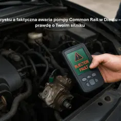 Ręka trzyma tester diagnostyczny z komunikatem "INJECTION FAULT" na tle silnika Diesla z widoczną pompą Common Rail.