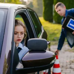 Dziewczyna za kierownicą, zdenerwowana, czeka na egzaminatora z teczką "L". Tak wygląda egzamin na prawo jazdy.