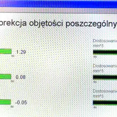 Ekran diagnostyczny pokazuje dopuszczalne korekty wtryskiwaczy dla każdego cylindra. Wartości wahają się od -1.17 do 1.29 mm^3.