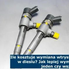 Dwa wtryskiwacze do diesla na metalowym blacie. Dowiedz się, ile kosztuje wymiana wtryskiwaczy w dieslu i czy lepiej wymieniać pojedynczo, czy wszystkie.