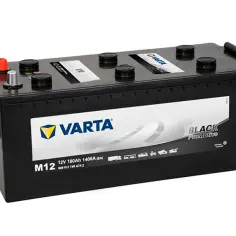 Czarny akumulator Varta M12 12V 180Ah z zaciskami i uchwytem. Idealny do ciężkich pojazdów, zapewniający niezawodną moc.