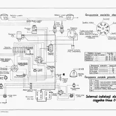 Schemat instalacji elektrycznej Ursus C-330. Pokazuje jak podłączyć regulator napięcia do prądnicy, światła, rozrusznik i inne elementy.