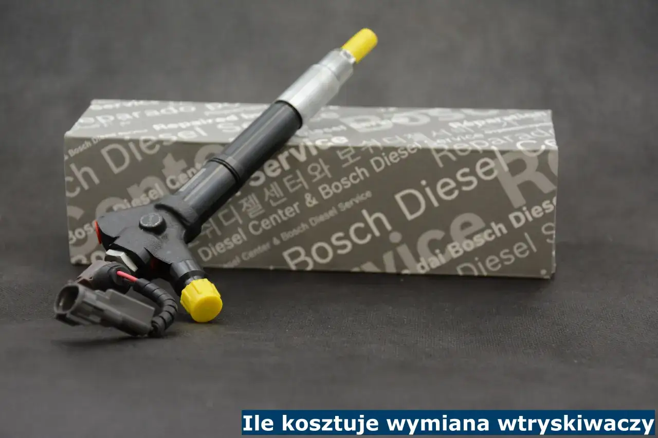 Wtryskiwacz diesla na tle pudełka z logo Bosch Diesel Service. Zastanawiasz się, ile kosztuje wymiana wtryskiwaczy w dieslu?