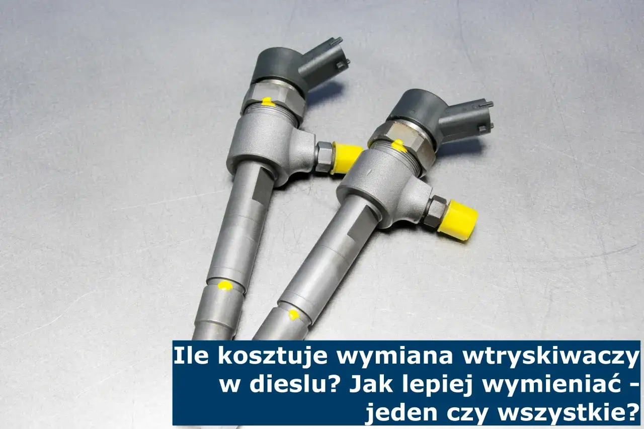 Dwa wtryskiwacze diesla na metalowym blacie. Dowiedz się, ile kosztuje wymiana wtryskiwaczy w dieslu i czy lepiej wymieniać pojedynczo, czy wszystkie.