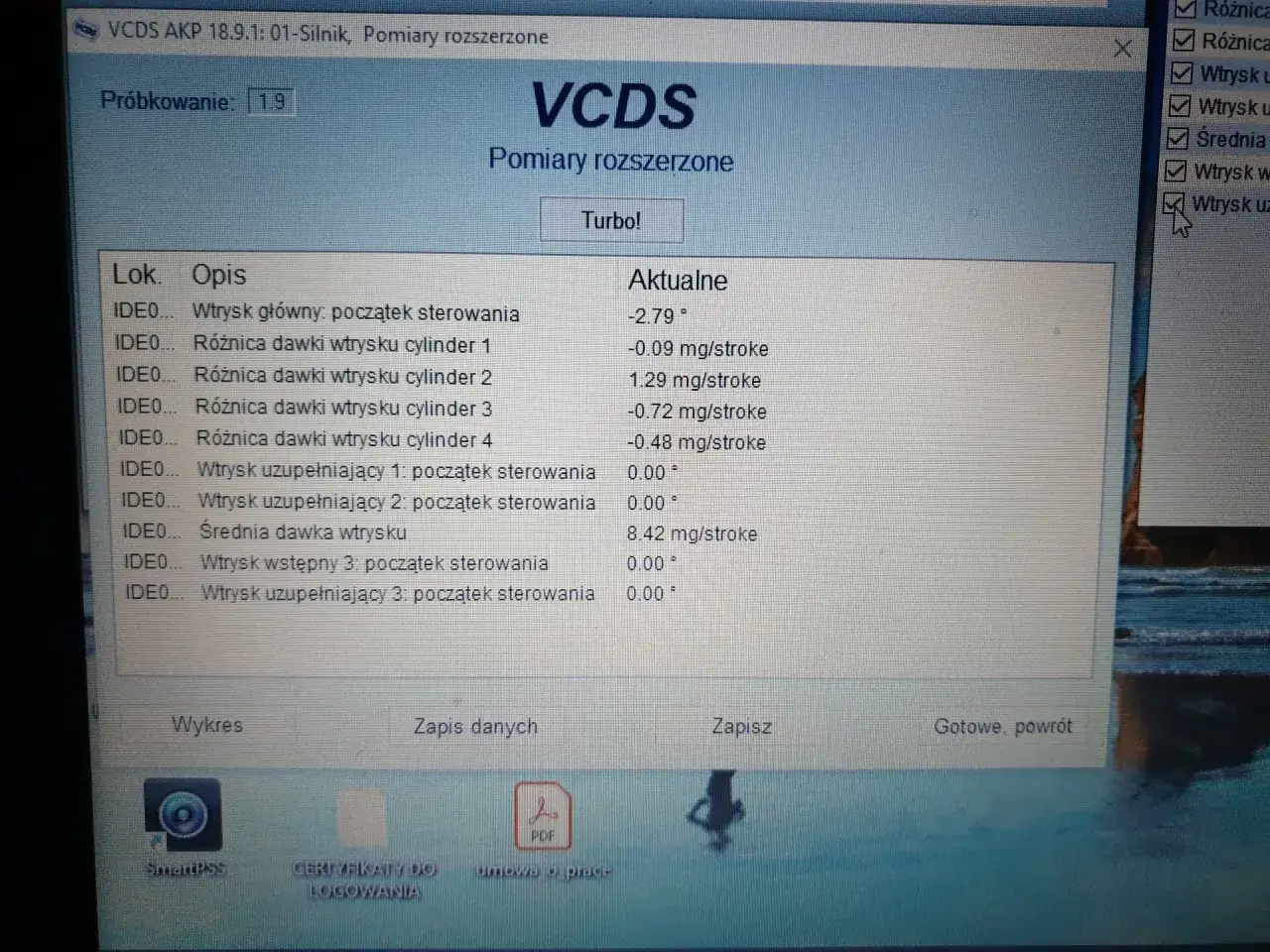 Ekran VCDS pokazuje pomiary wtrysków, jak sprawdzić wtryski vcds. Widoczne są różnice dawek i czasy sterowania.
