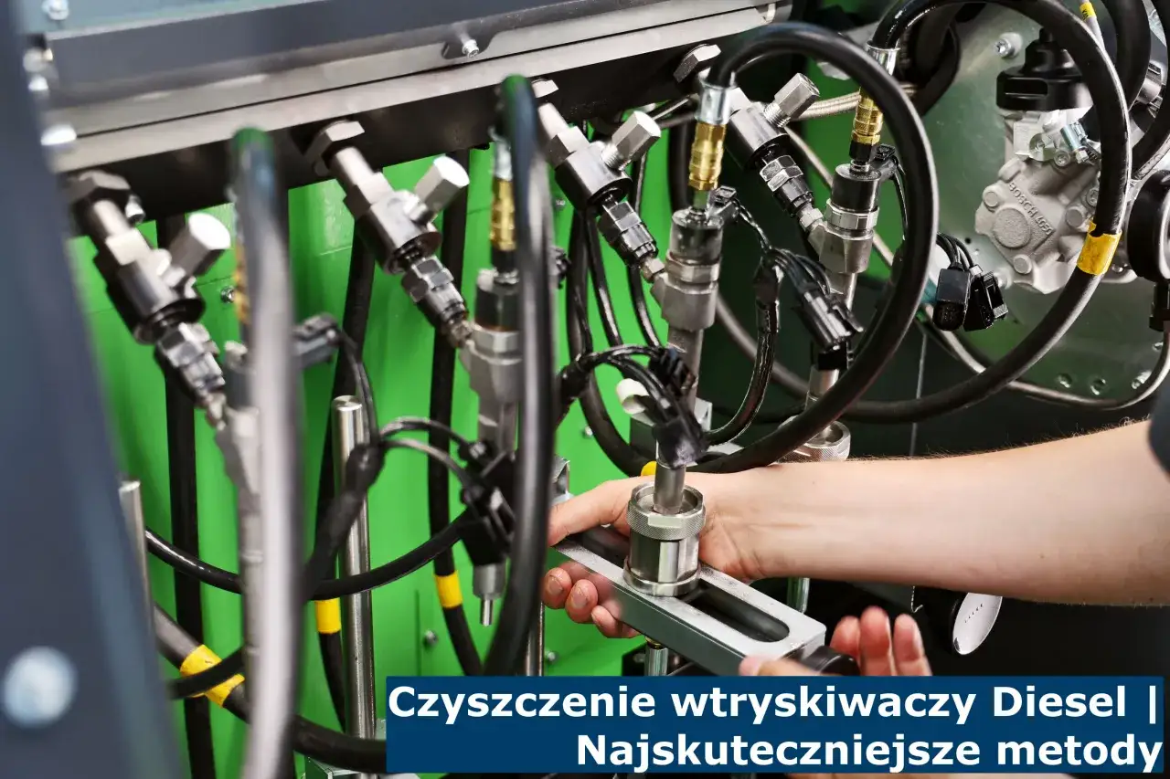 Profesjonalne czyszczenie wtryskiwaczy Diesel na specjalistycznym stanowisku. Precyzyjne połączenia i węże świadczą o zaawansowanej technologii.