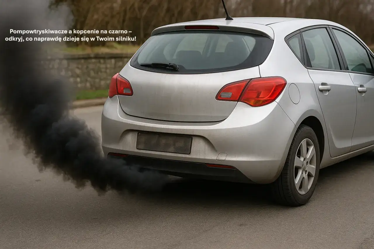 Srebrny samochód z tyłu, z którego wydobywa się gęsty, czarny dym. Diesel dymi na czarno, co może świadczyć o problemach z silnikiem.