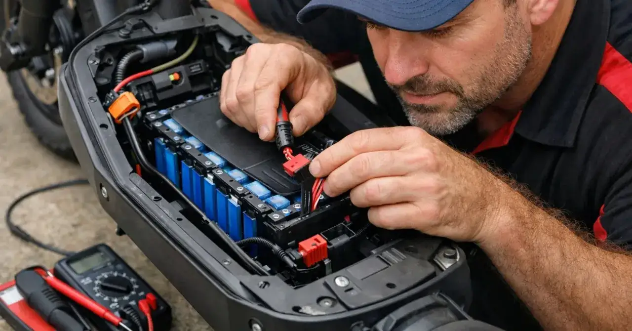 Mechanik podłącza przewody do akumulatora do skutera 125. Obok leży multimetr.