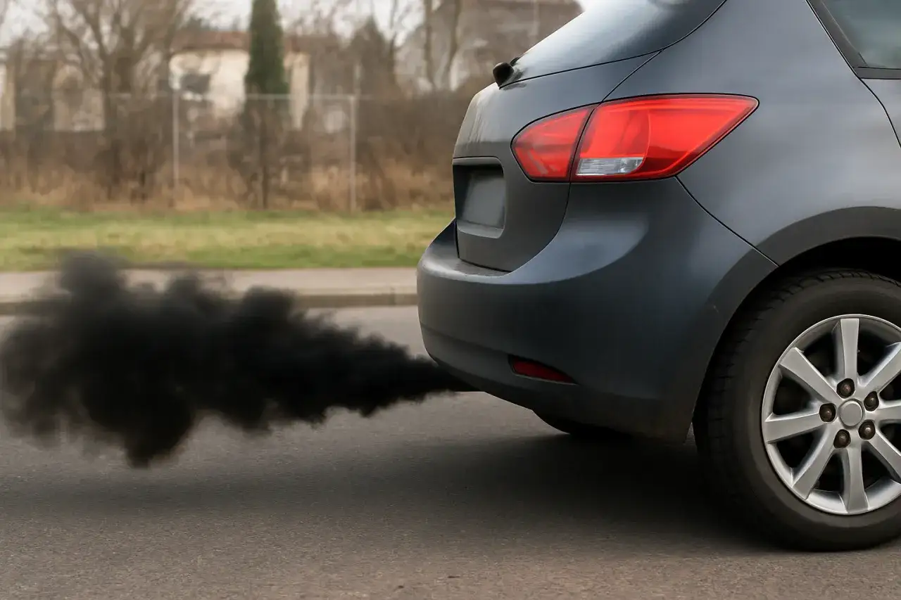 Ciemny dym z rury wydechowej samochodu. Ten diesel dymi na czarno, zanieczyszczając powietrze.