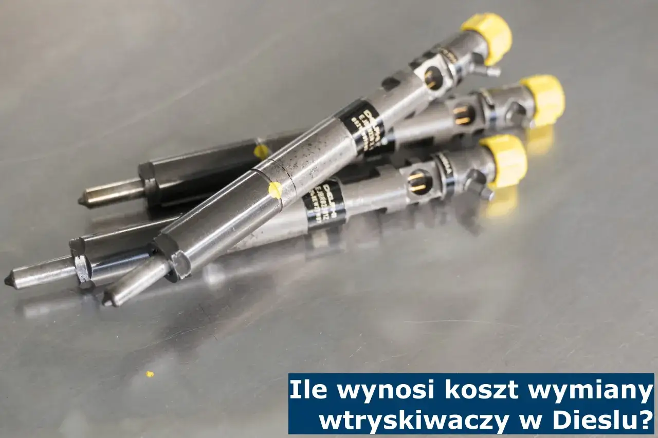 Trzy wtryskiwacze diesla leżą na metalowej powierzchni. Tekst na dole informuje: 