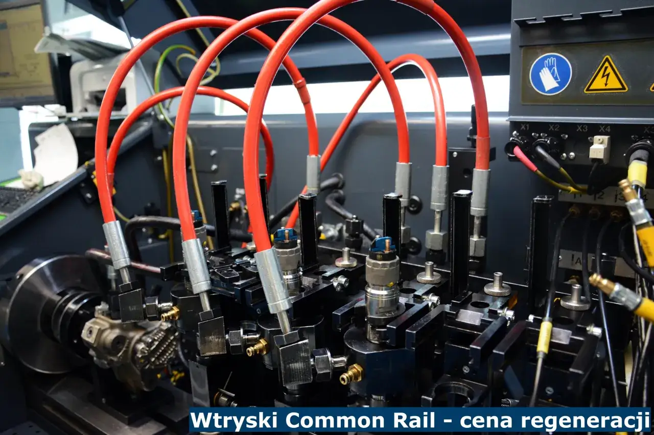 Testowanie wtrysków common rail na specjalistycznej maszynie. Czerwone przewody doprowadzają paliwo do precyzyjnych elementów.